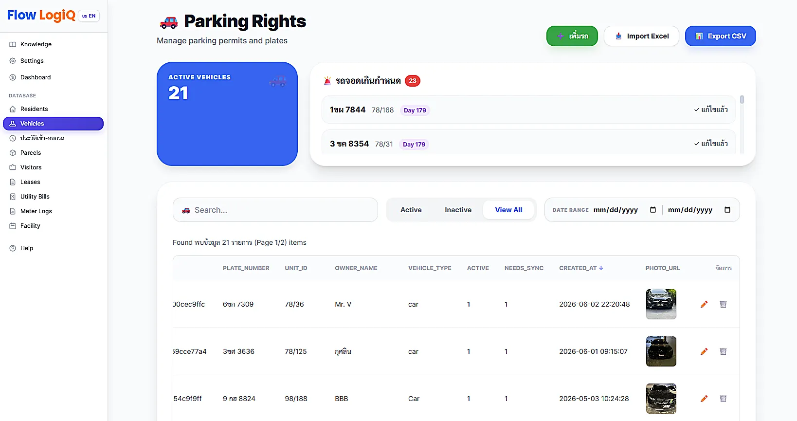 Dashboard สรุปข้อมูลยานพาหนะและสิทธิ์จอดรถของ Flow LogiQ